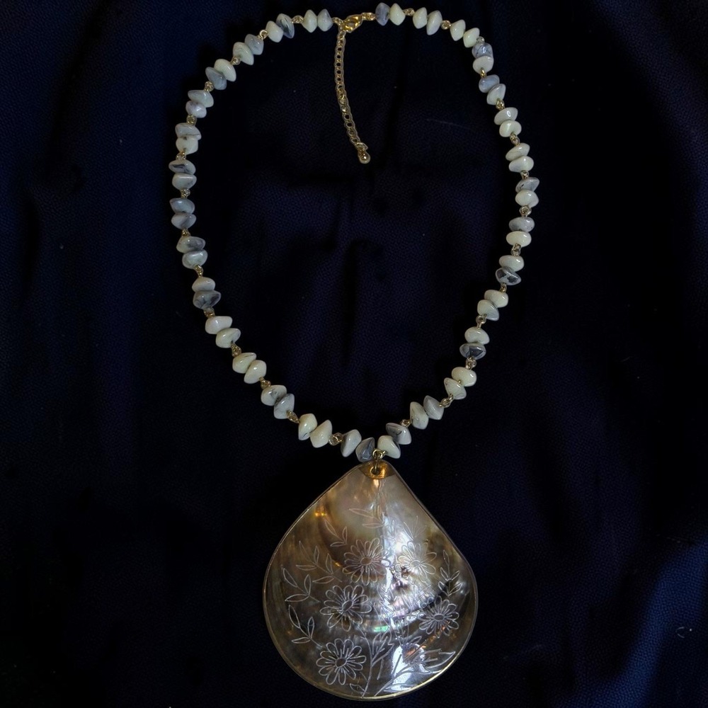 Mother of Pearl Floral Pendant Necklace White Gray Picasso Jasper Artisan